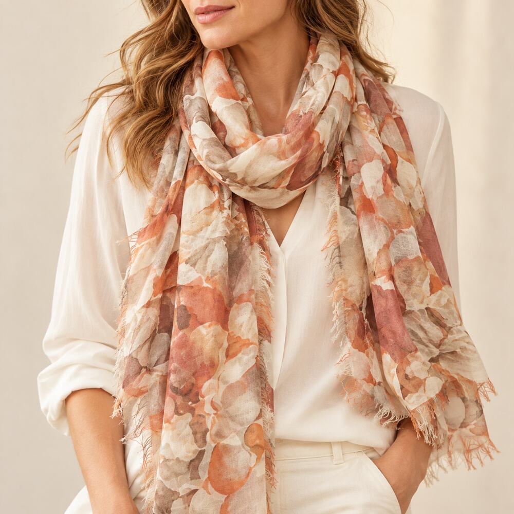 NWOT Nordstrom Cashmere Silk Floral Scarf Peach Cream 74" Frayed Edge Wrap
